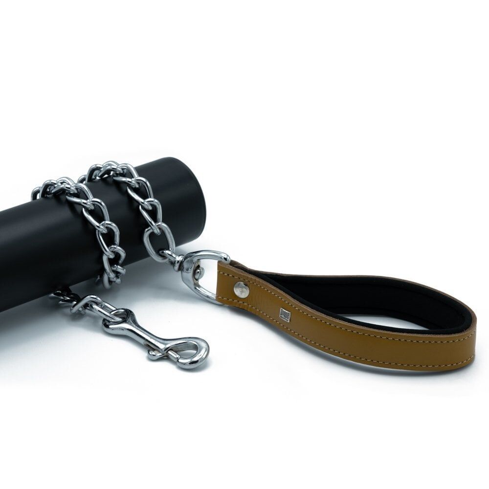 Doggie Konforlu Gerçek Deriden El Yapımı Zincirli Köpek Gezdirme Kayışı 4,5x80cm - Camel