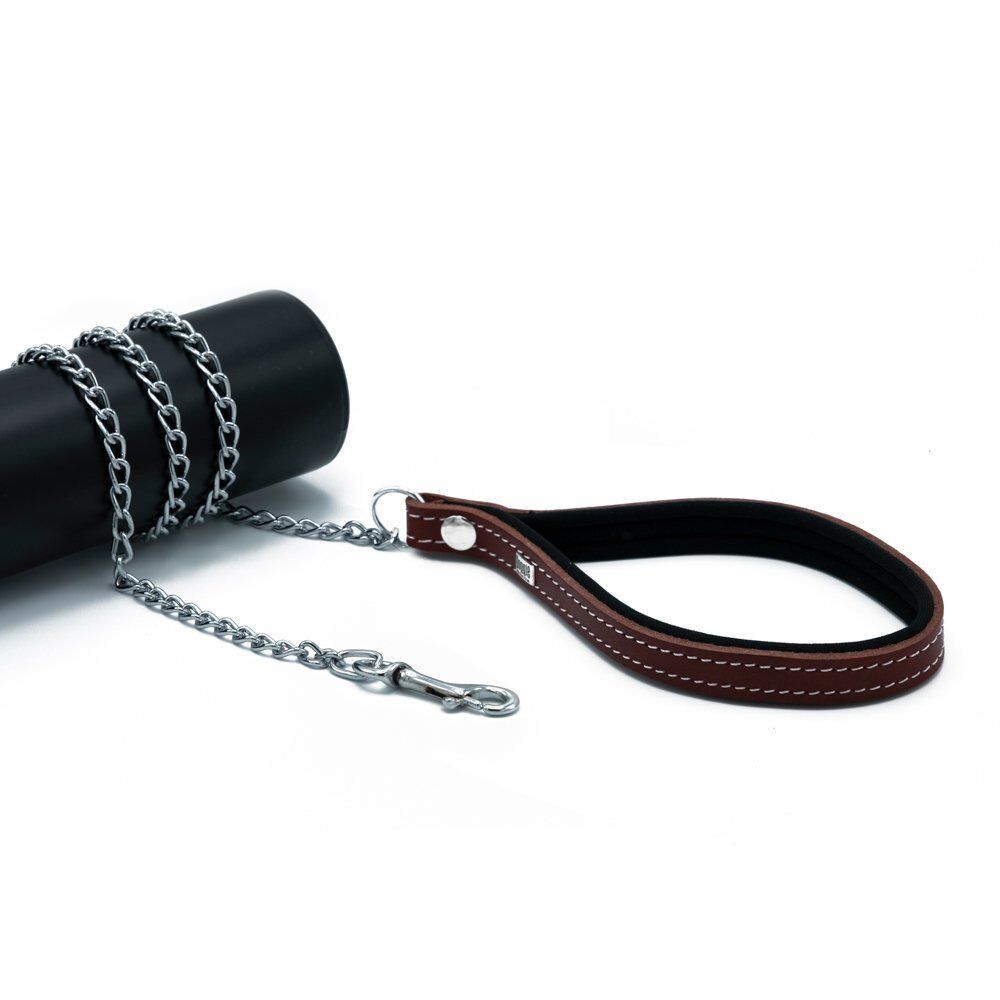 Doggie Konforlu Gerçek Deriden El Yapımı Zincirli Köpek Gezdirme Kayışı 2x110cm - Red