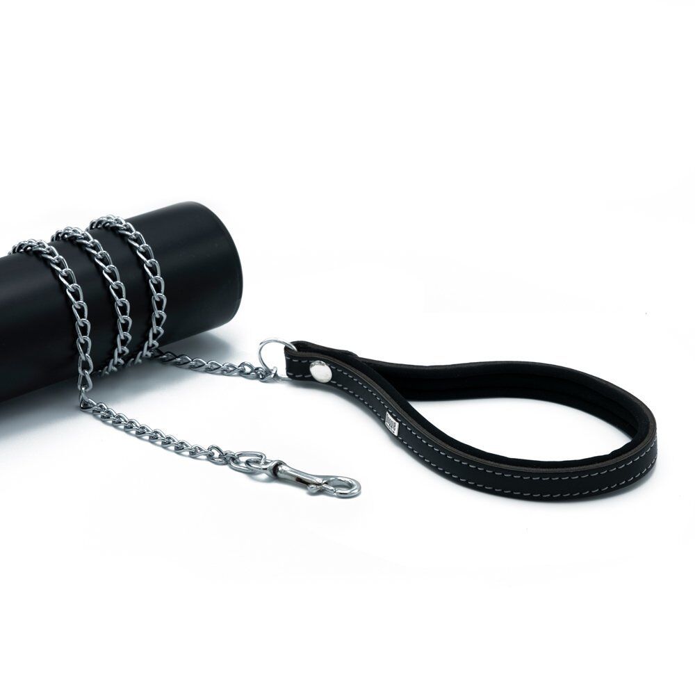 Doggie Konforlu Gerçek Deriden El Yapımı Zincirli Köpek Gezdirme Kayışı 2x110cm - Black