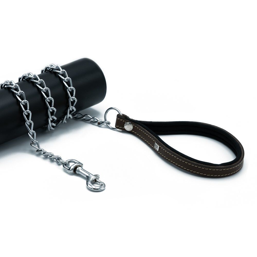 Doggie Konforlu Gerçek Deriden El Yapımı Zincirli Köpek Gezdirme Kayışı 2,5x110cm - Brown