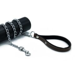 Doggie Konforlu Gerçek Deriden El Yapımı Zincirli Köpek Gezdirme Kayışı 2,5x110cm - Brown