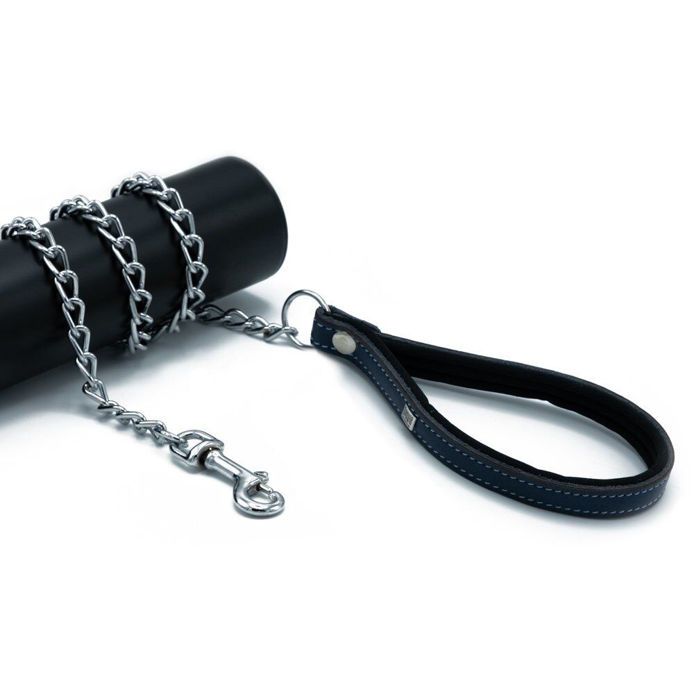 Doggie Konforlu Gerçek Deriden El Yapımı Zincirli Köpek Gezdirme Kayışı 2,5x110cm - Royal Blue