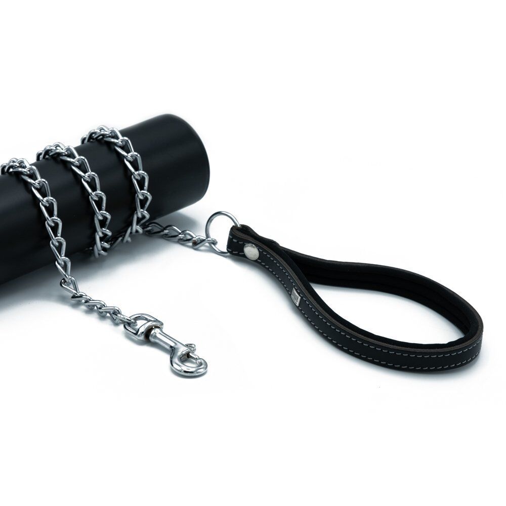 Doggie Konforlu Gerçek Deriden El Yapımı Zincirli Köpek Gezdirme Kayışı 2,5x110cm - Black