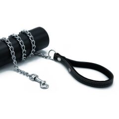 Doggie Konforlu Gerçek Deriden El Yapımı Zincirli Köpek Gezdirme Kayışı 2,5x110cm - Black