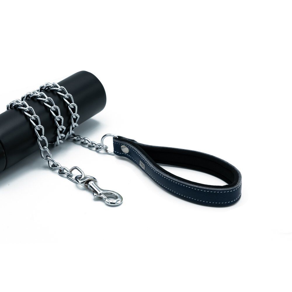 Doggie Konforlu Gerçek Deriden El Yapımı Zincirli Köpek Gezdirme Kayışı 3x110cm - Royal Blue