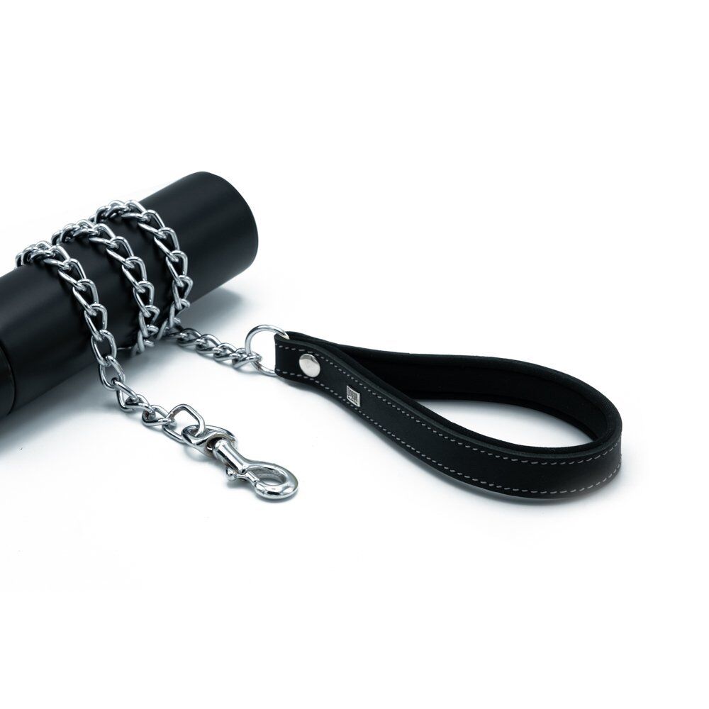Doggie Konforlu Gerçek Deriden El Yapımı Zincirli Köpek Gezdirme Kayışı 3x110cm - Black