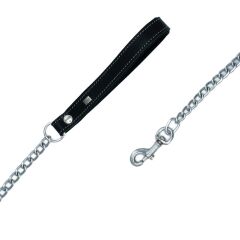 Doggie Konforlu Gerçek Deriden El Yapımı Zincirli Köpek Gezdirme Kayışı 3x110cm - Black