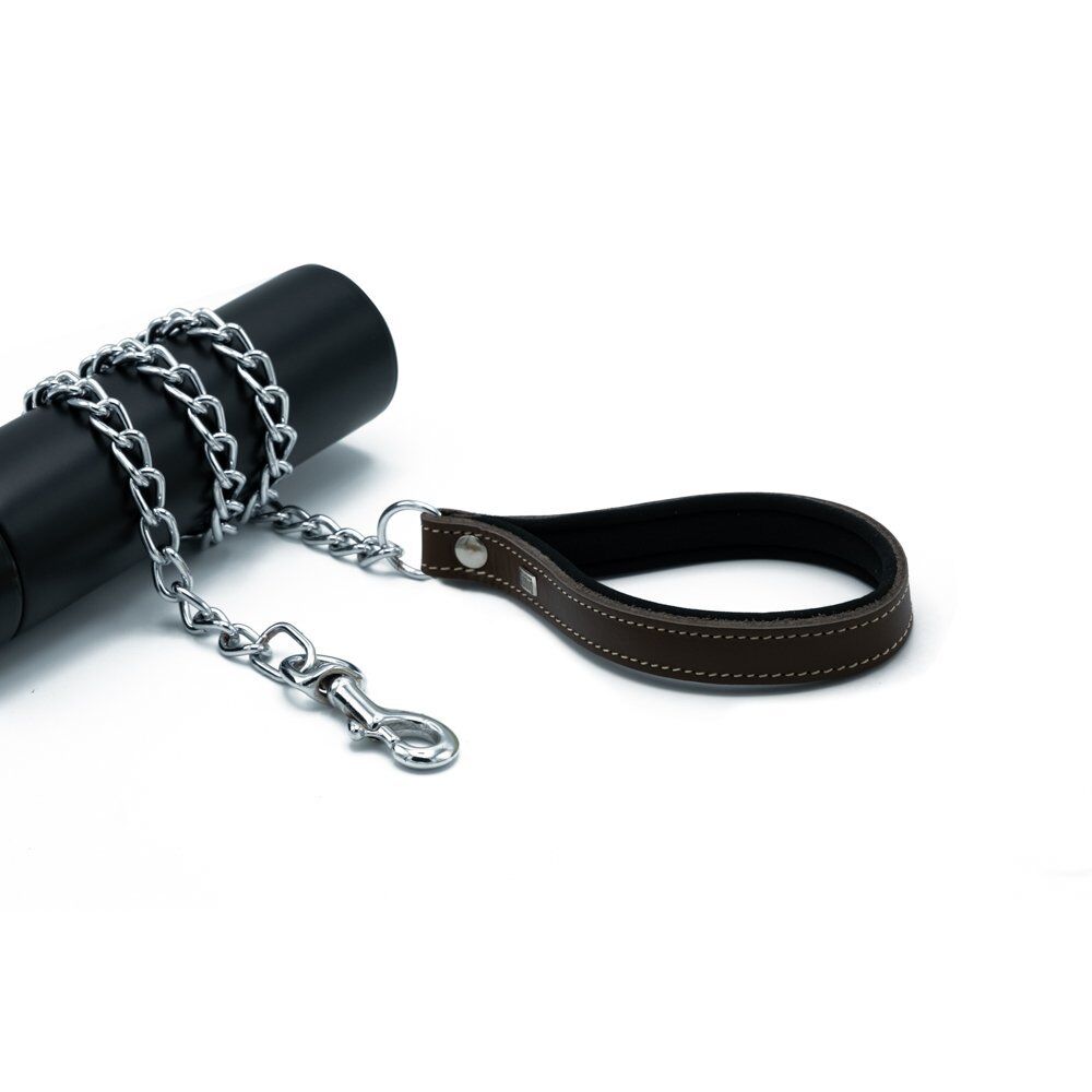 Doggie Konforlu Gerçek Deriden El Yapımı Zincirli Köpek Gezdirme Kayışı 3,5x110cm - Brown