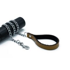 Doggie Konforlu Gerçek Deriden El Yapımı Zincirli Köpek Gezdirme Kayışı 3,5x110cm - Camel