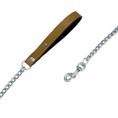 Doggie Konforlu Gerçek Deriden El Yapımı Zincirli Köpek Gezdirme Kayışı 3,5x110cm - Camel