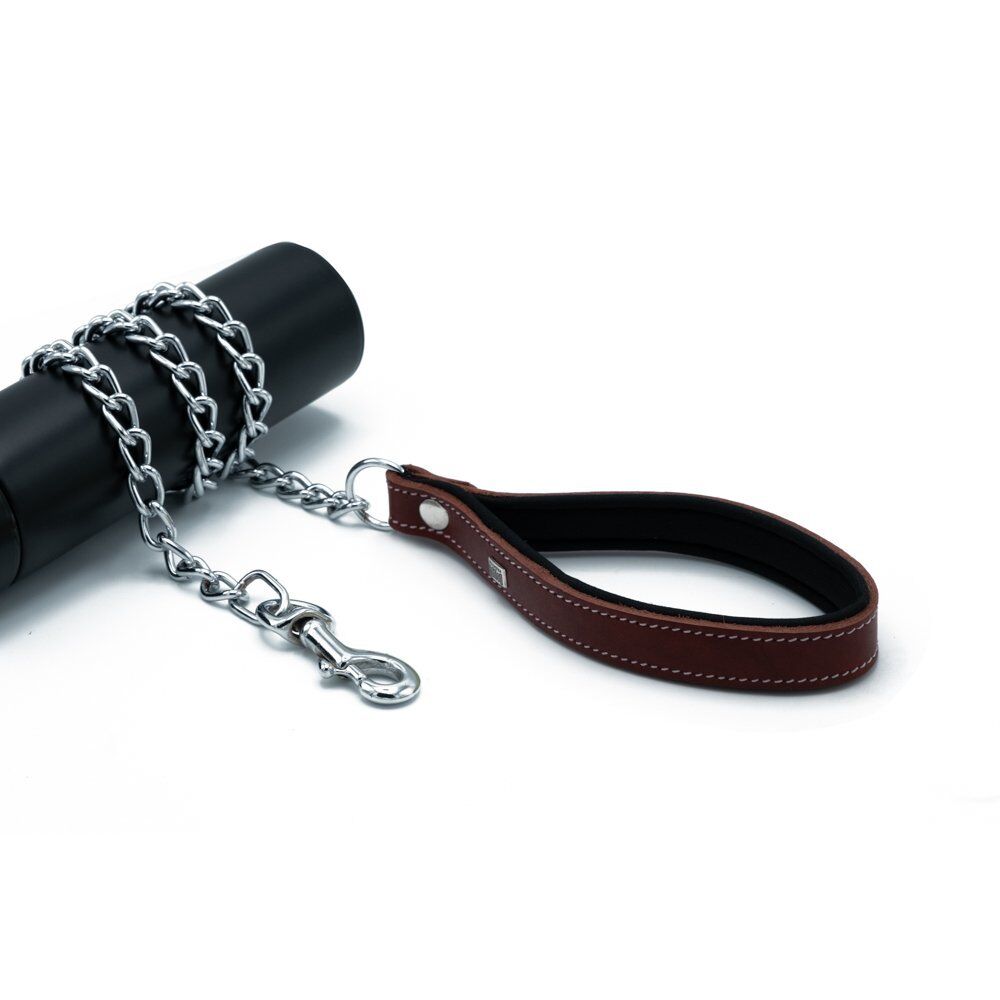 Doggie Konforlu Gerçek Deriden El Yapımı Zincirli Köpek Gezdirme Kayışı 3,5x110cm - Red