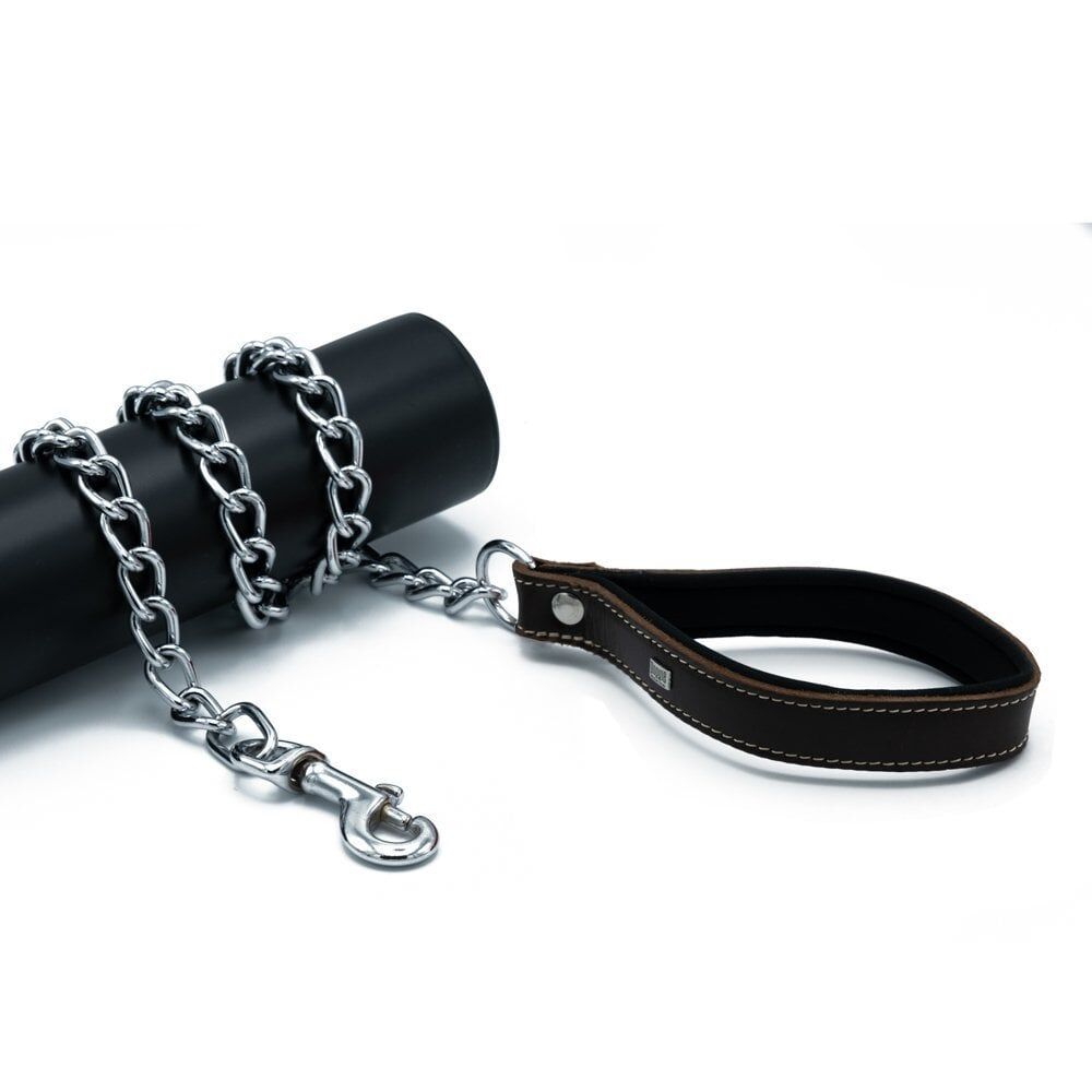 Doggie Konforlu Gerçek Deriden El Yapımı Zincirli Köpek Gezdirme Kayışı 4x110cm - Brown