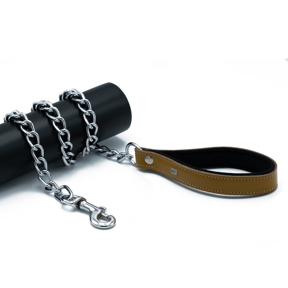 Doggie Konforlu Gerçek Deriden El Yapımı Zincirli Köpek Gezdirme Kayışı 4x110cm - Camel