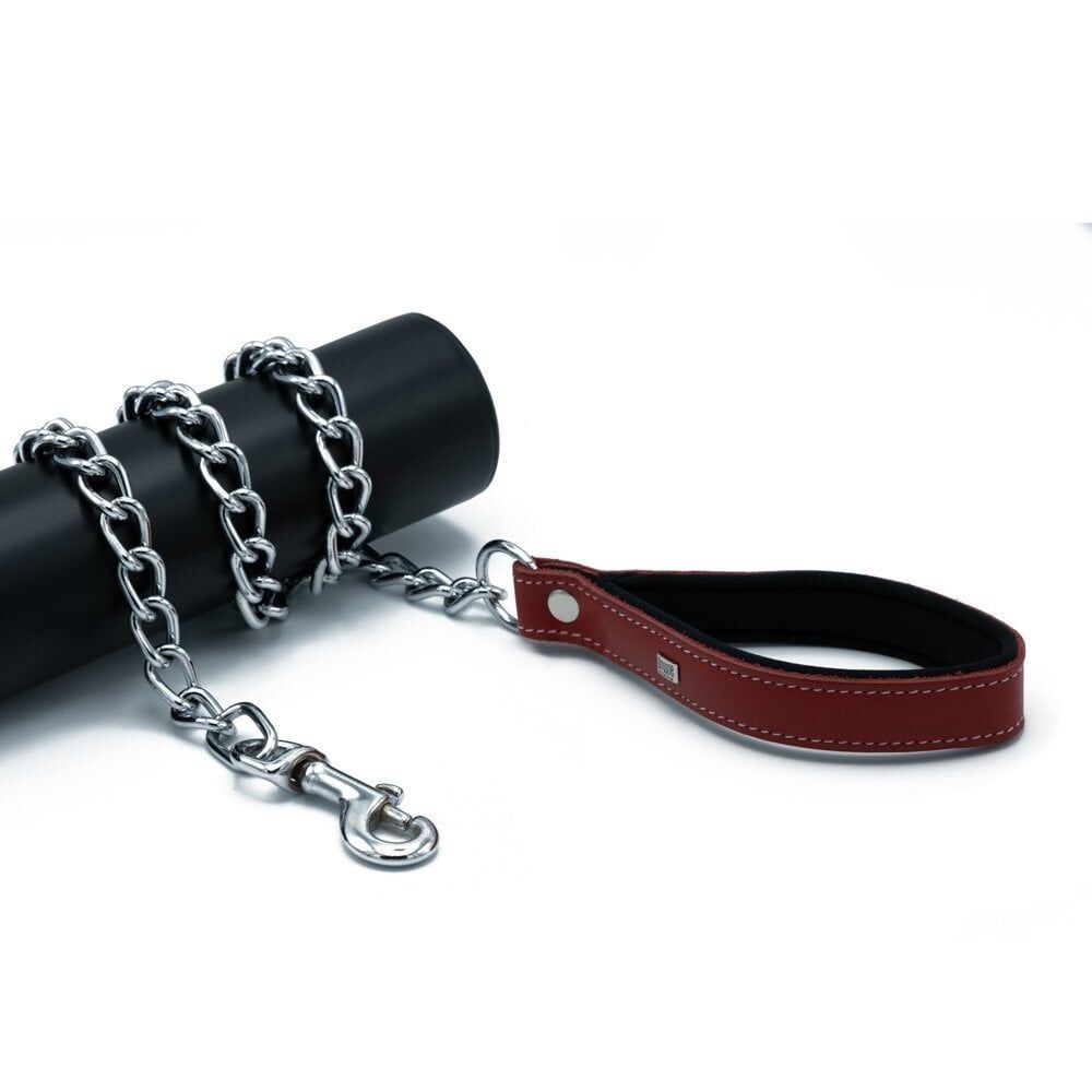 Doggie Konforlu Gerçek Deriden El Yapımı Zincirli Köpek Gezdirme Kayışı 4x110cm - Red