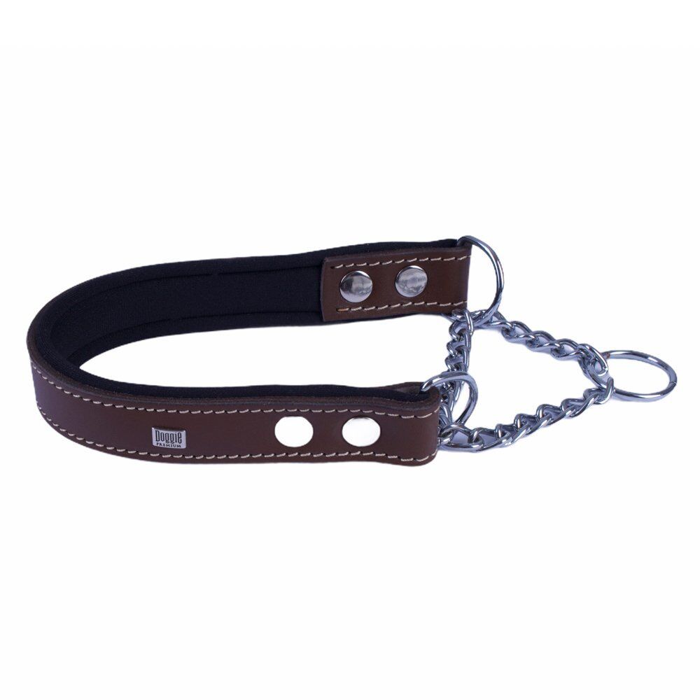 Doggie Konforlu Gerçek Deriden El Yapımı Boğma Zincirli Köpek Boyun Tasması 2,5x40-50cm - Brown