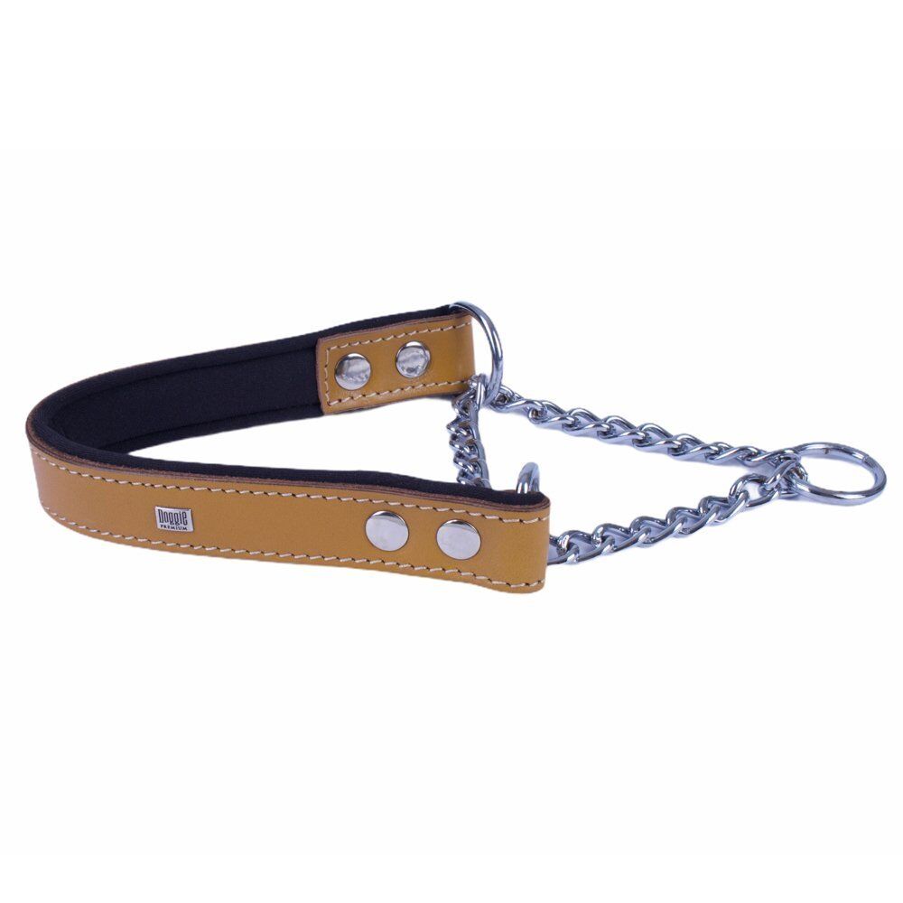 Doggie Konforlu Gerçek Deriden El Yapımı Boğma Zincirli Köpek Boyun Tasması 2,5x40-50cm - Camel
