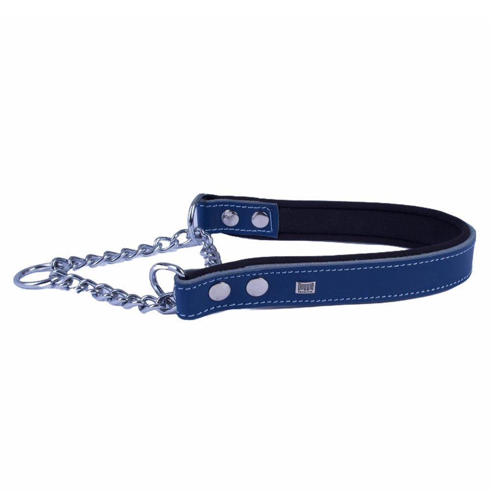 Doggie Konforlu Gerçek Deriden El Yapımı Boğma Zincirli Köpek Boyun Tasması 2,5x45-55cm - Royal Blue