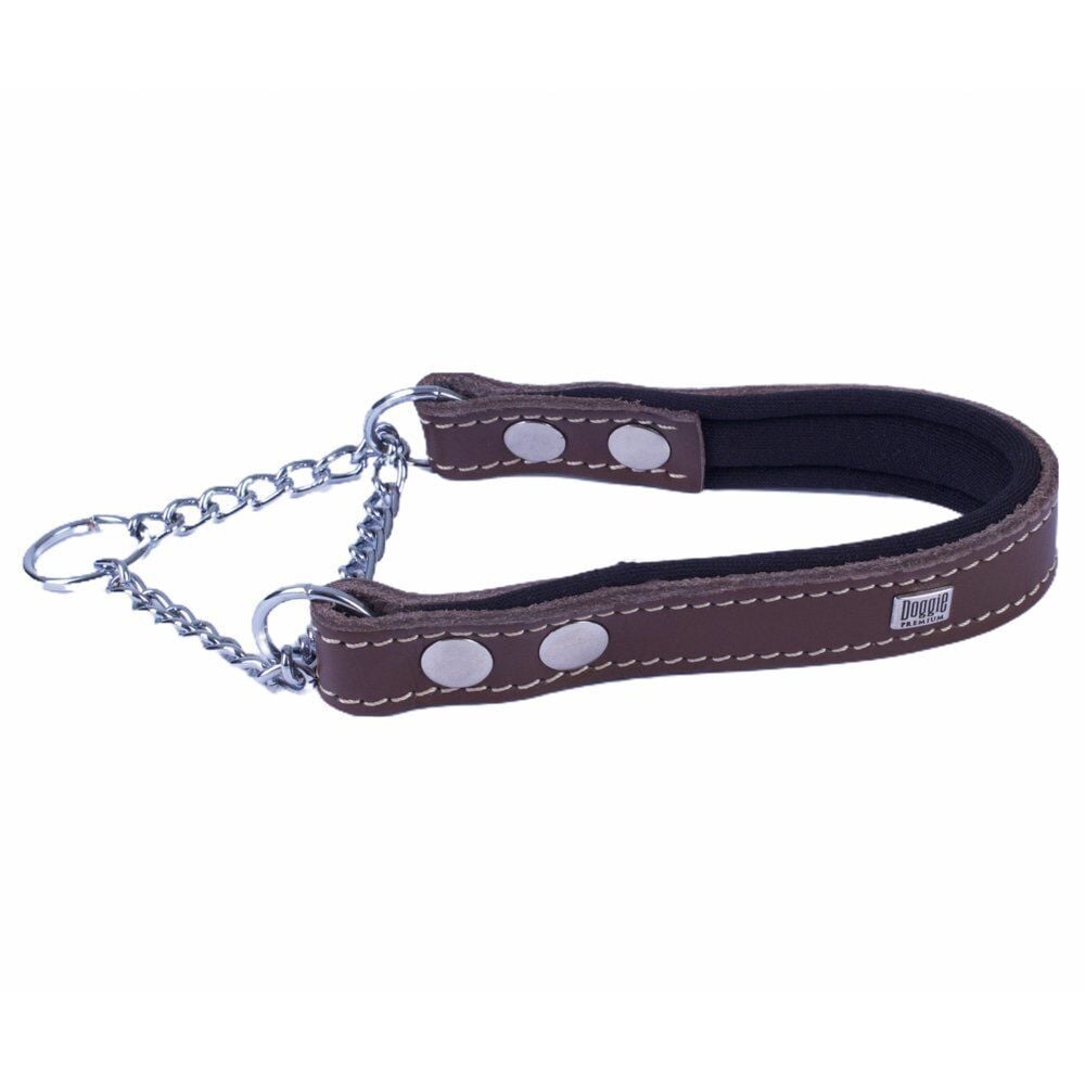 Doggie Konforlu Gerçek Deriden El Yapımı Boğma Zincirli Köpek Boyun Tasması 2x35-45cm - Brown