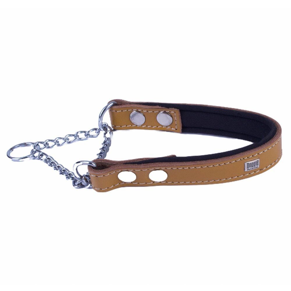 Doggie Konforlu Gerçek Deriden El Yapımı Boğma Zincirli Köpek Boyun Tasması 2x35-45cm - Camel
