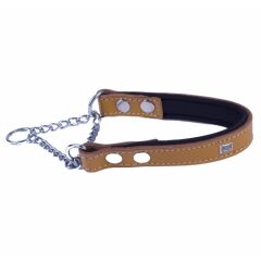Doggie Konforlu Gerçek Deriden El Yapımı Boğma Zincirli Köpek Boyun Tasması 2x35-45cm - Camel