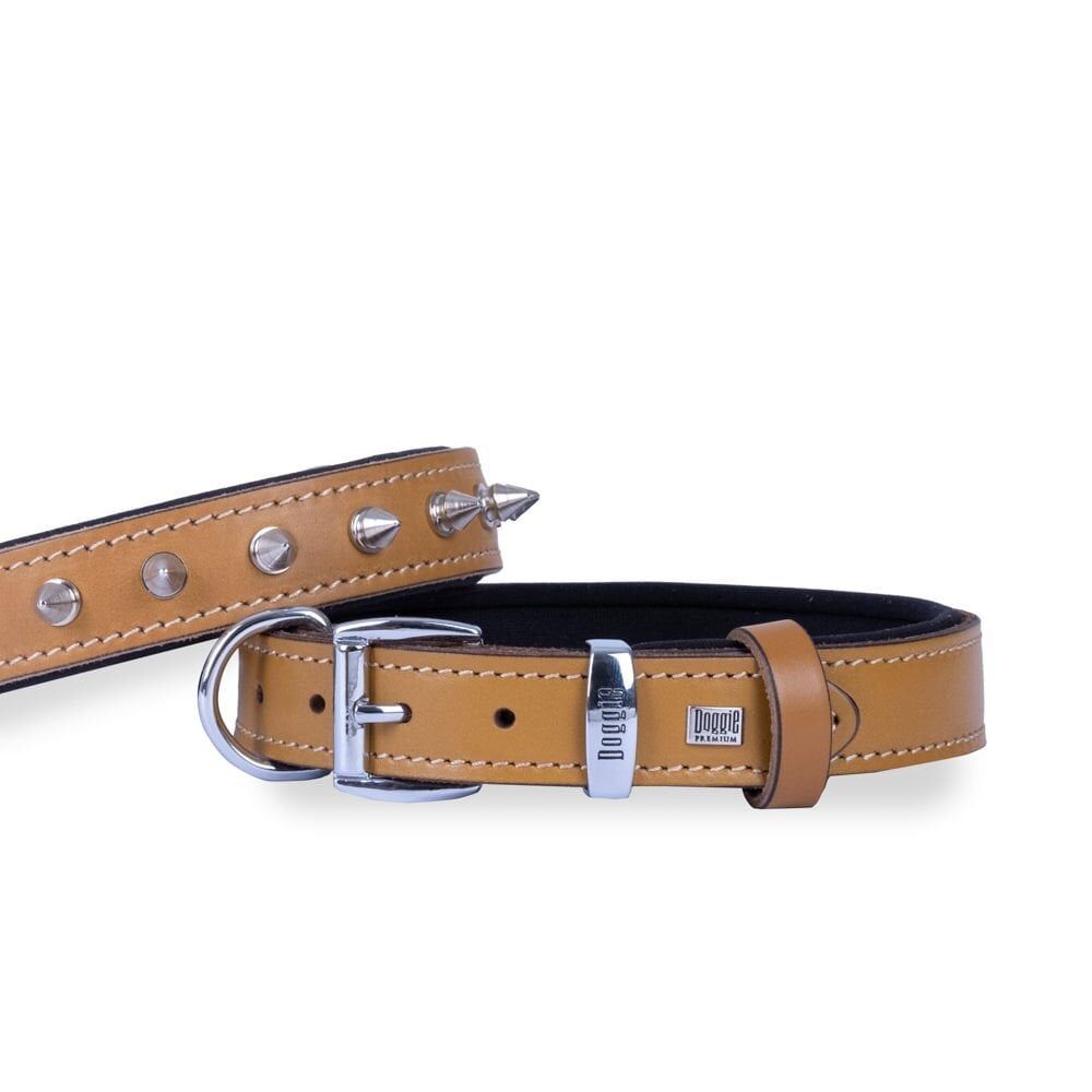 Doggie Konforlu Gerçek Deriden El Yapımı Çivili Köpek Boyun Tasması 3x42-50cm - Camel