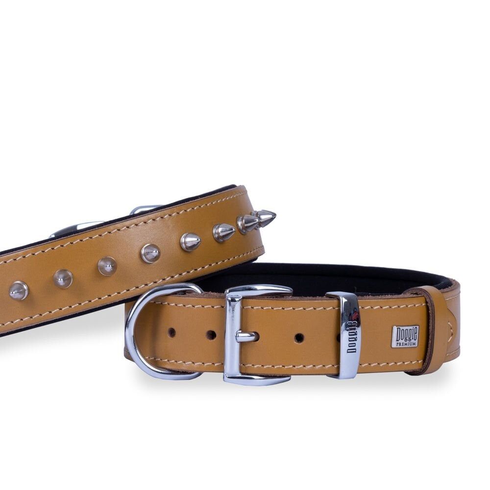 Doggie Konforlu Gerçek Deriden El Yapımı Çivili Köpek Boyun Tasması 3,5x47-55cm - Camel