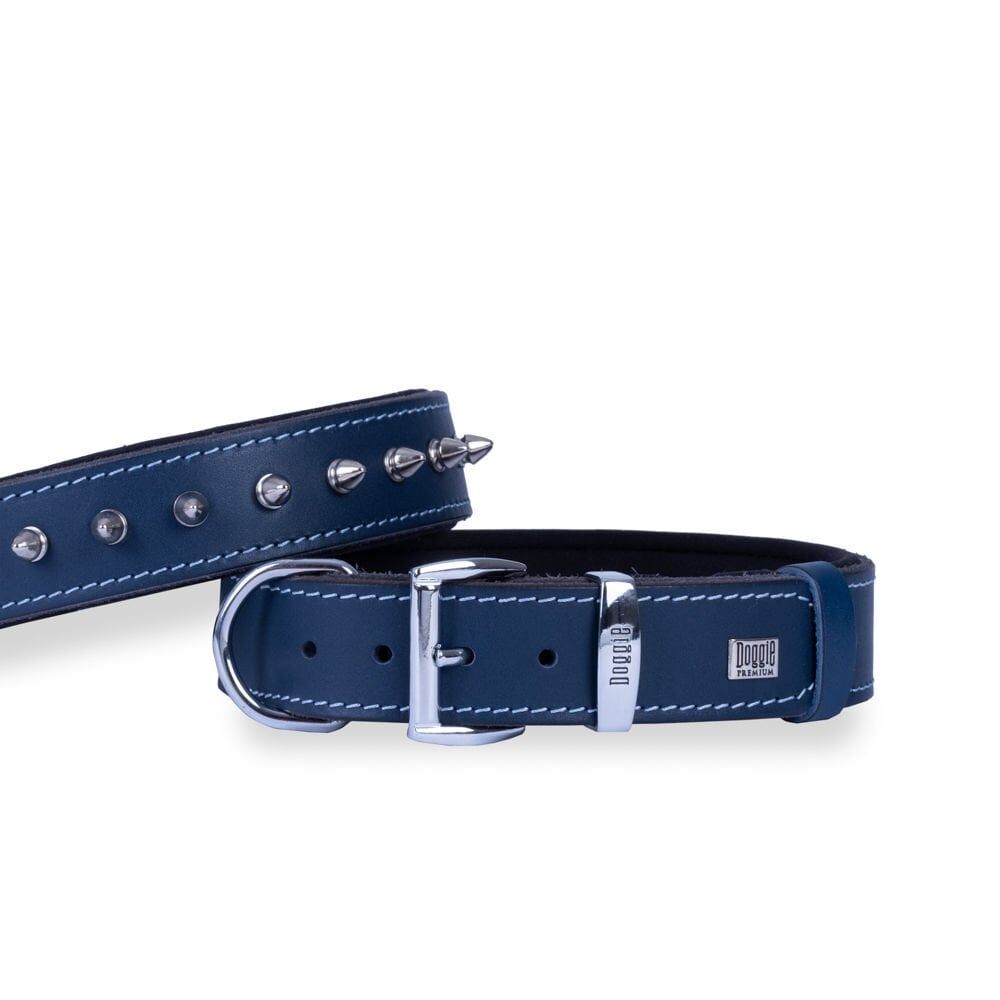 Doggie Konforlu Gerçek Deriden El Yapımı Çivili Köpek Boyun Tasması 3,5x52-60cm - Royal Blue