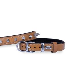 Doggie Konforlu Gerçek Deriden El Yapımı Çivili Köpek Boyun Tasması 2x30-35cm - Camel