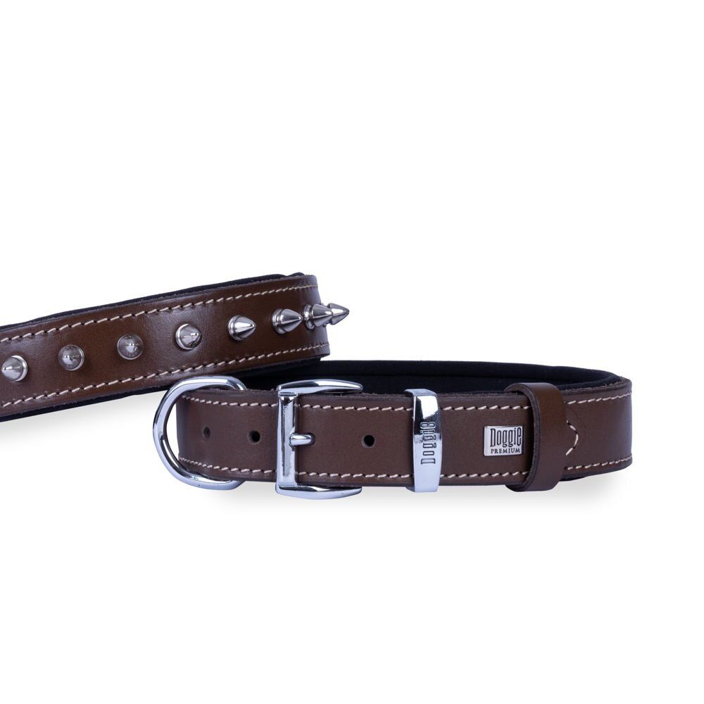 Doggie Konforlu Gerçek Deriden El Yapımı Çivili Köpek Boyun Tasması 2,5x37-45cm - Brown