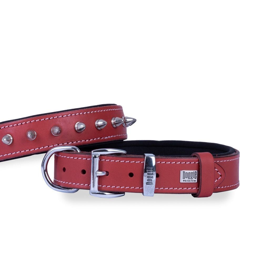 Doggie Konforlu Gerçek Deriden El Yapımı Çivili Köpek Boyun Tasması 2,5x37-45cm - Red