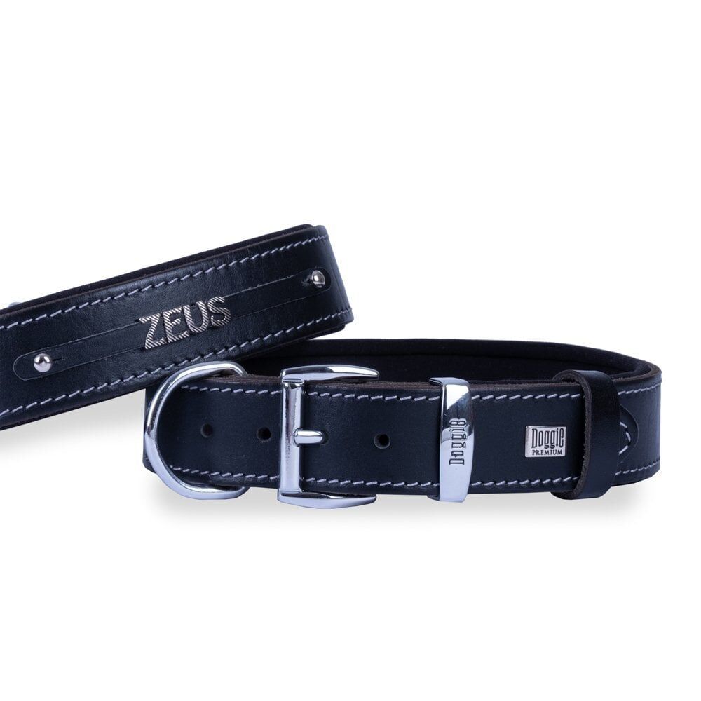 Doggie Konforlu Gerçek Deriden El Yapımı İsimlikli Köpek Boyun Tasması 3,5x47-55cm - Black