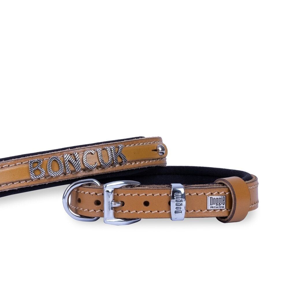 Doggie Konforlu Gerçek Deriden El Yapımı İsimlikli Köpek Boyun Tasması 1,5x20-25cm - Camel
