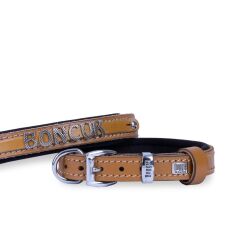 Doggie Konforlu Gerçek Deriden El Yapımı İsimlikli Köpek Boyun Tasması 1,5x20-25cm - Camel