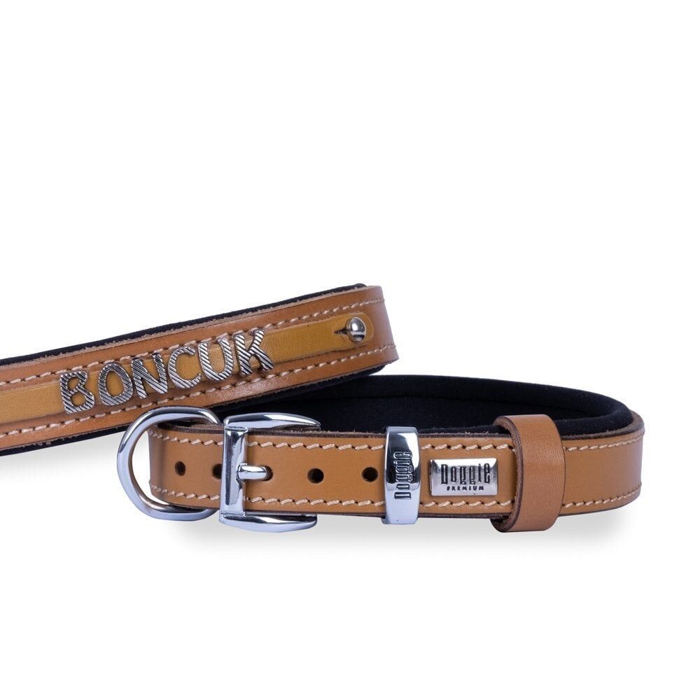 Doggie Konforlu Gerçek Deriden El Yapımı İsimlikli Köpek Boyun Tasması 1,5x25-30cm - Camel