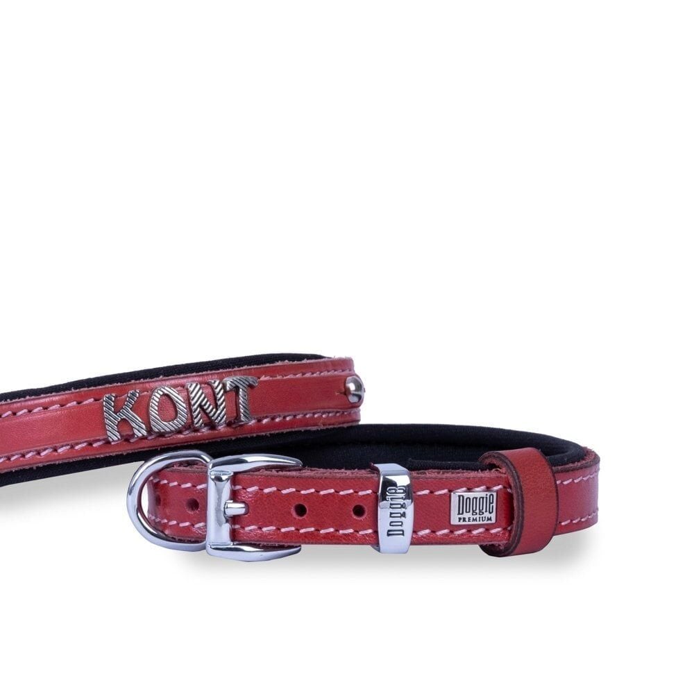 Doggie Konforlu Gerçek Deriden El Yapımı İsimlikli Köpek Boyun Tasması 2x35-40cm - Red