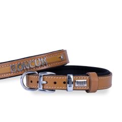 Doggie Konforlu Gerçek Deriden El Yapımı İsimlikli Köpek Boyun Tasması 2,5x37-45cm - Camel