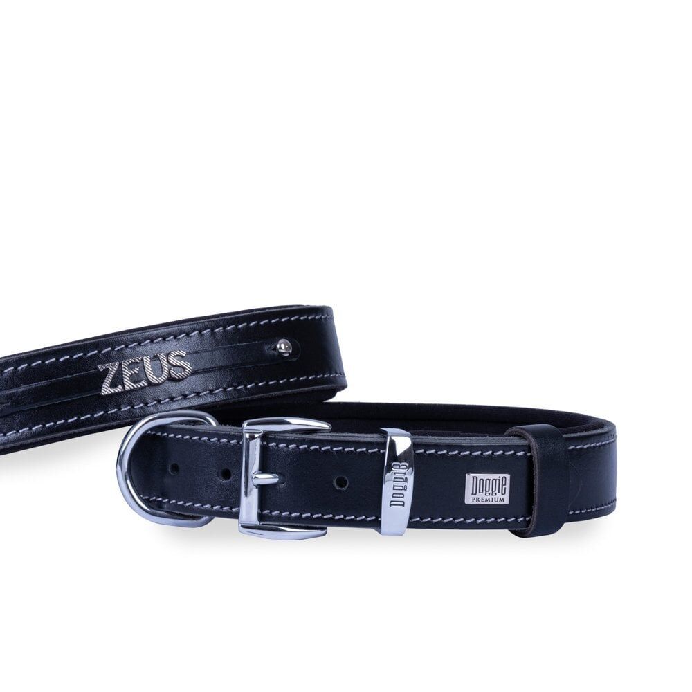 Doggie Konforlu Gerçek Deriden El Yapımı İsimlikli Köpek Boyun Tasması 3x42-50cm - Black
