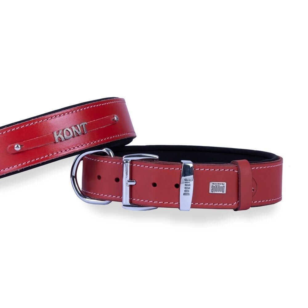 Doggie Konforlu Gerçek Deriden El Yapımı İsimlikli Köpek Boyun Tasması 4x47-55cm - Red