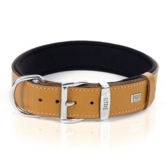 Doggie Konforlu Gerçek Deriden El Yapımı Çift İsimlikli Köpek Boyun Tasması 3,5x47-55cm - Camel