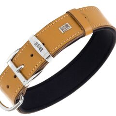 Doggie Konforlu Gerçek Deriden El Yapımı Çift İsimlikli Köpek Boyun Tasması 4x47-55cm - Camel