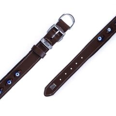 Doggie Konforlu Gerçek Deriden El Yapımı Nazar Boncuklu Köpek Boyun Tasması 3x42-50cm - Brown
