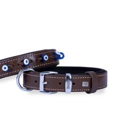 Doggie Konforlu Gerçek Deriden El Yapımı Nazar Boncuklu Köpek Boyun Tasması 3x42-50cm - Brown