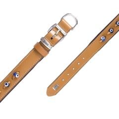 Doggie Konforlu Gerçek Deriden El Yapımı Nazar Boncuklu Köpek Boyun Tasması 3x42-50cm - Camel