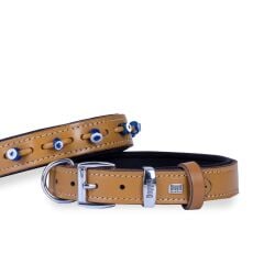 Doggie Konforlu Gerçek Deriden El Yapımı Nazar Boncuklu Köpek Boyun Tasması 3x42-50cm - Camel