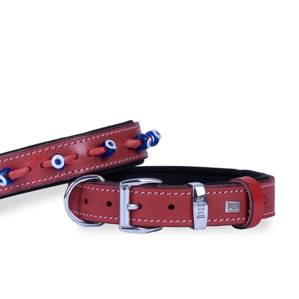 Doggie Konforlu Gerçek Deriden El Yapımı Nazar Boncuklu Köpek Boyun Tasması 3x42-50cm - Red