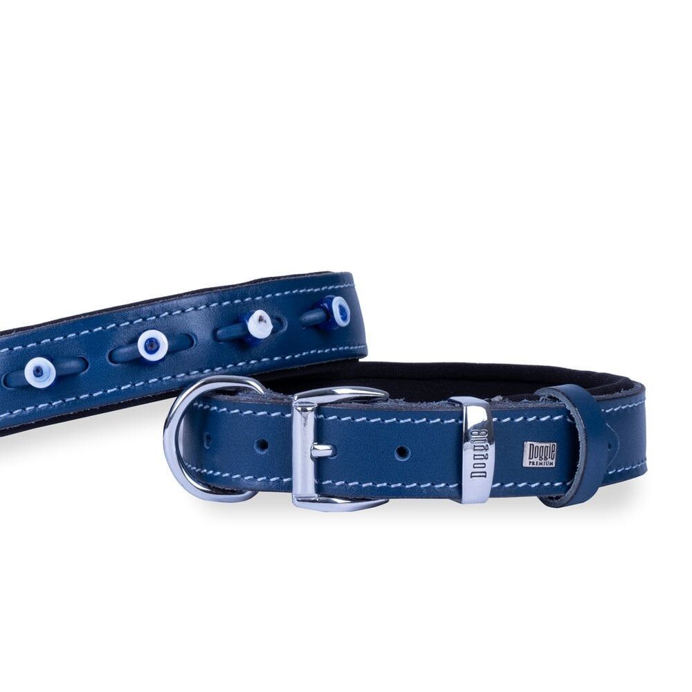 Doggie Konforlu Gerçek Deriden El Yapımı Nazar Boncuklu Köpek Boyun Tasması 3x42-50cm - Royal Blue