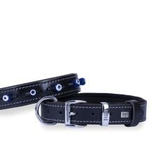 Doggie Konforlu Gerçek Deriden El Yapımı Nazar Boncuklu Köpek Boyun Tasması 3x42-50cm - Black