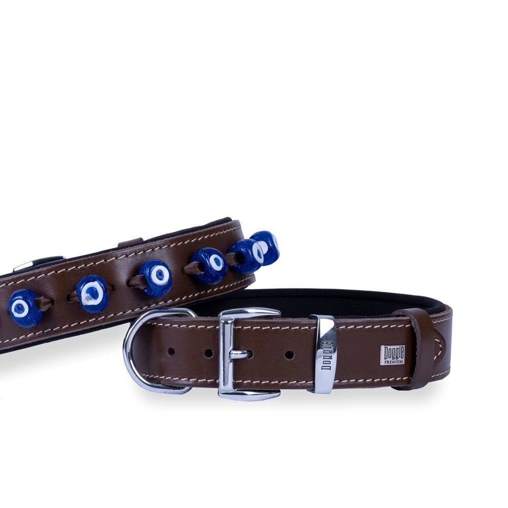 Doggie Konforlu Gerçek Deriden El Yapımı Nazar Boncuklu Köpek Boyun Tasması 3,5x47-55cm - Brown