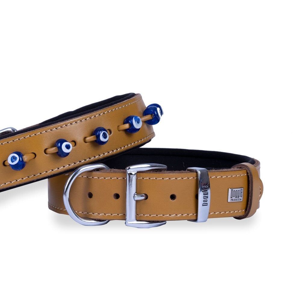 Doggie Konforlu Gerçek Deriden El Yapımı Nazar Boncuklu Köpek Boyun Tasması 3,5x47-55cm - Camel