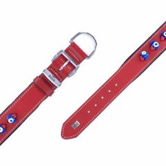 Doggie Konforlu Gerçek Deriden El Yapımı Nazar Boncuklu Köpek Boyun Tasması 3,5x47-55cm - Red